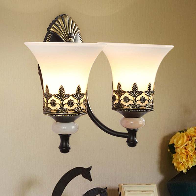 Traditional Black Bell Wall Sconce With White Glass Shade - Bedroom Mounted Light