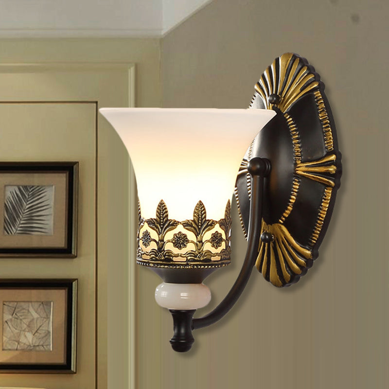 Traditional Black Bell Wall Sconce With White Glass Shade - Bedroom Mounted Light