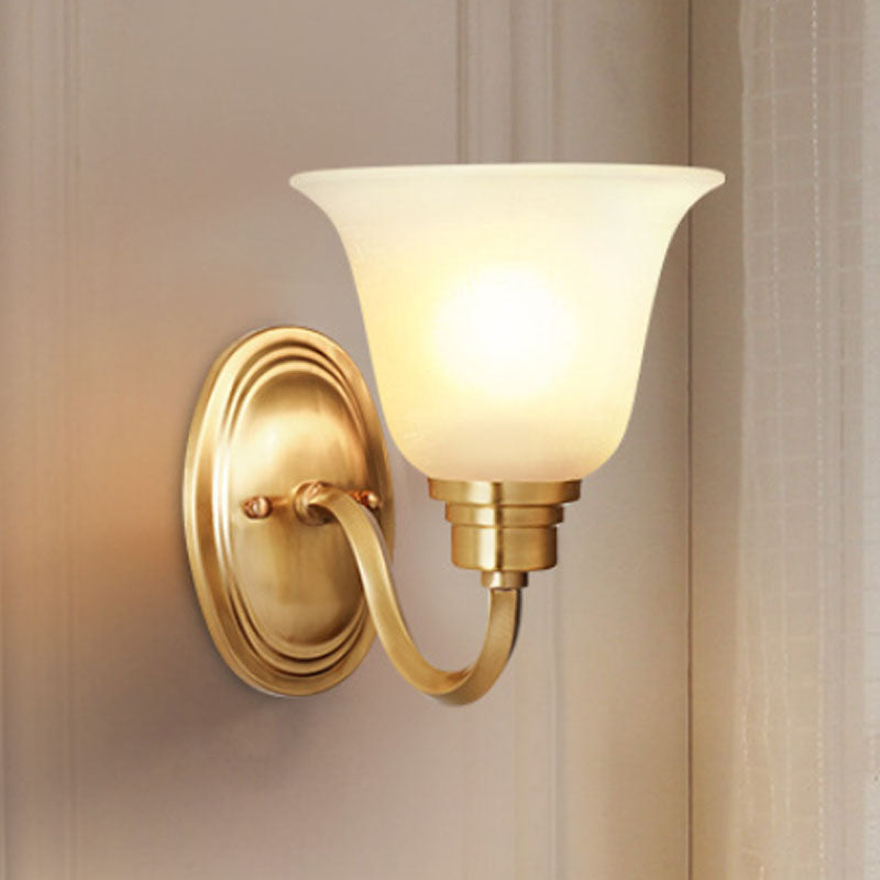 Retro Brass Bell Wall Light Fixture With White Glass Shade - 1-Light Living Room Lamp