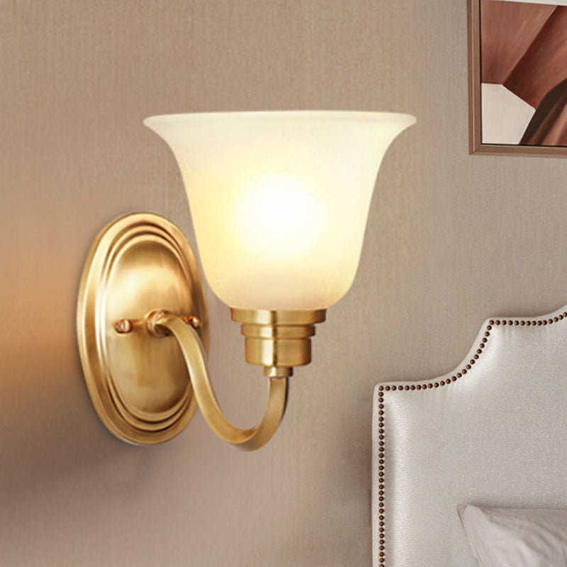 Retro Brass Bell Wall Light Fixture With White Glass Shade - 1-Light Living Room Lamp