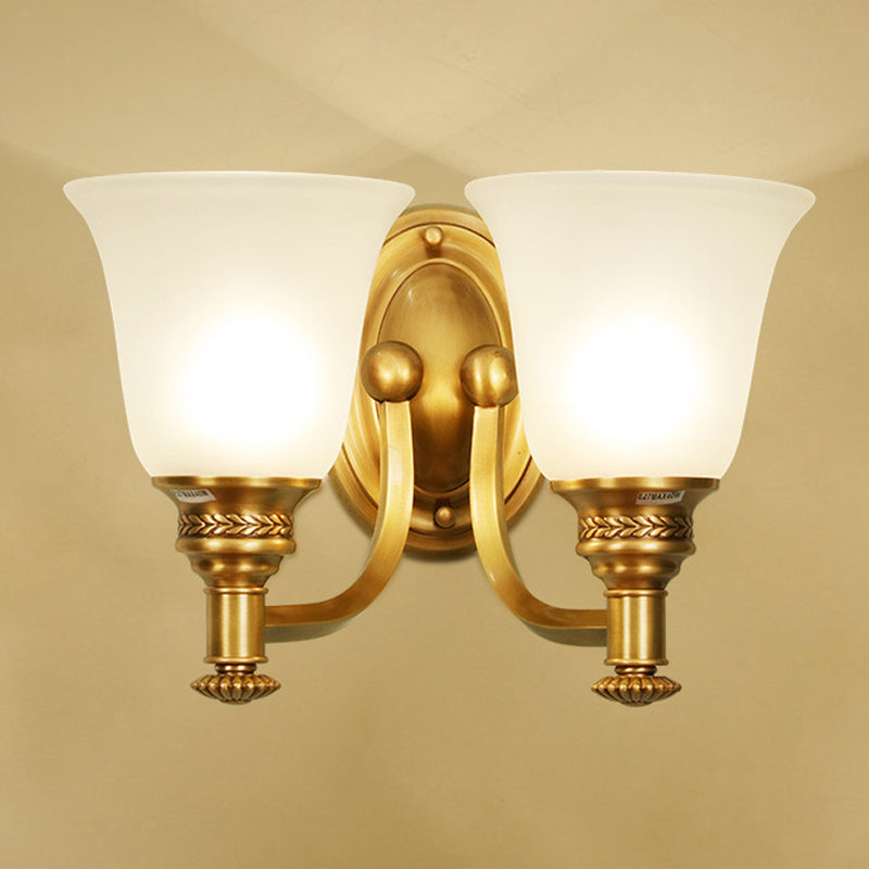 Traditional Wall Sconce With Brass Bell & White Glass Shade Mounted Curvy Metal Arm - Perfect For