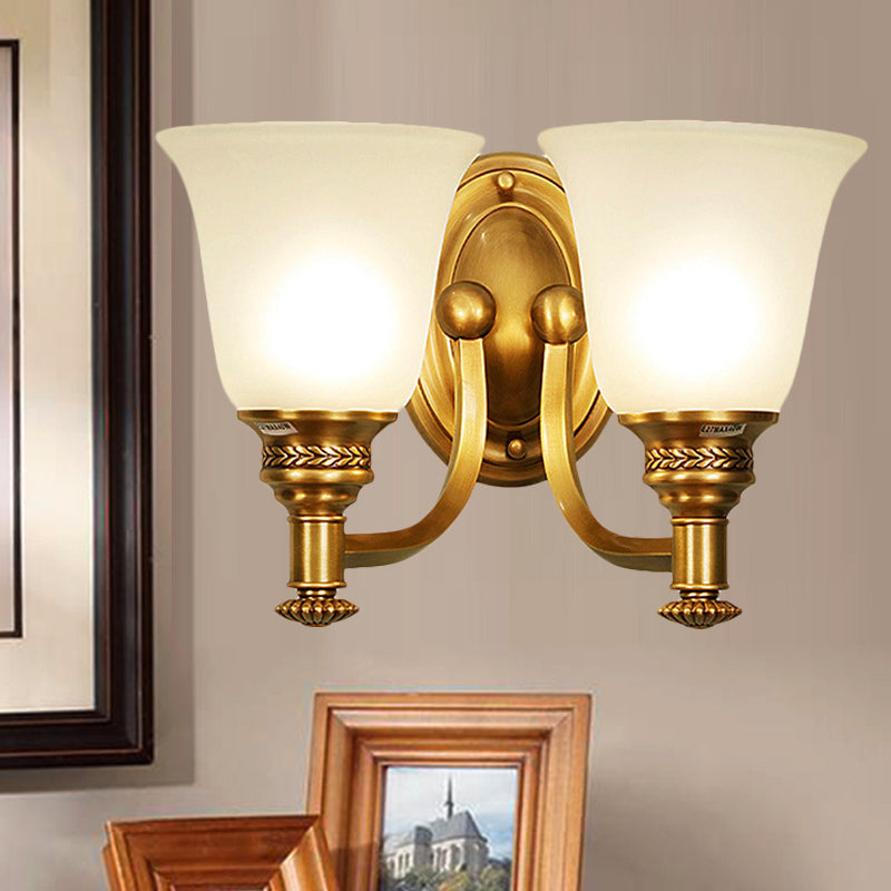 Traditional Wall Sconce With Brass Bell & White Glass Shade Mounted Curvy Metal Arm - Perfect For