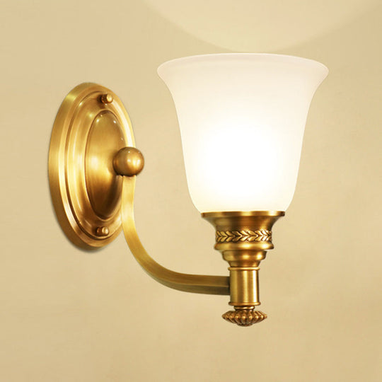 Traditional Wall Sconce With Brass Bell & White Glass Shade Mounted Curvy Metal Arm - Perfect For