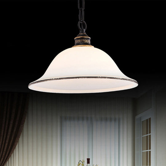 Flared Pendant Lighting 1 Light White Glass Hanging Fixture In Black For Dining Room