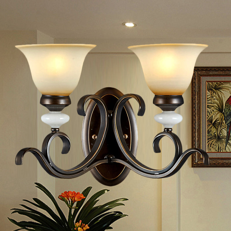 Antique Style Black Frosted Glass Wall Sconce With Curvy Arm - Elegant 1/2-Light Bell Light For