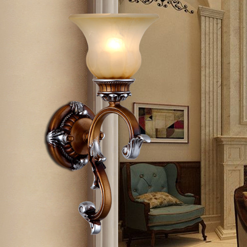 Frosted Glass Wall Sconce With Arched Arm In Brass For Living Room