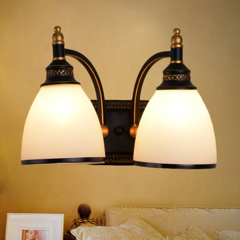 Vintage Style Metal Dome Wall Sconce 1/2-Head Living Room Lamp With White Glass In Black 2 /