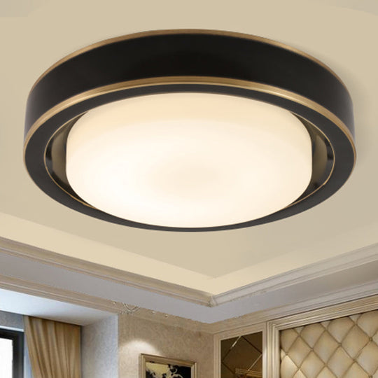 15"/19" Black/Brass Drum Ceiling Light Fixture with Classic Frosted Glass and LED for Bedroom - Flush Mount in White/Warm Light