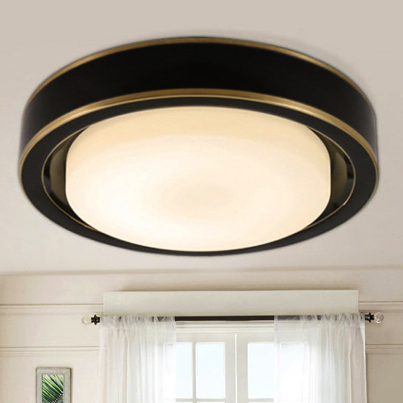 15"/19" Black/Brass Drum Ceiling Light Fixture with Classic Frosted Glass and LED for Bedroom - Flush Mount in White/Warm Light