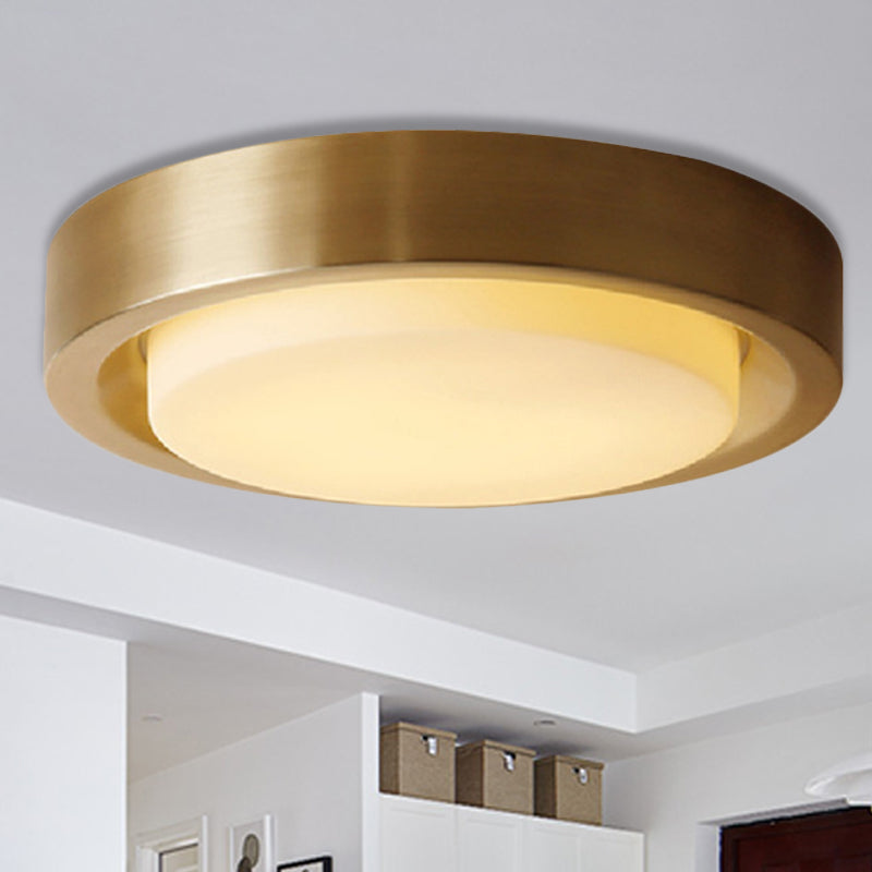 15"/19" Black/Brass Drum Ceiling Light Fixture with Classic Frosted Glass and LED for Bedroom - Flush Mount in White/Warm Light