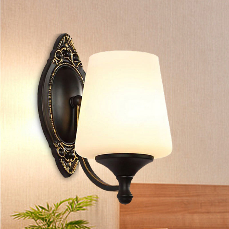 Retro Conical Sconce Wall Light 1/2-Light White Glass Fixture With Black Metal Curved Arm 1 /