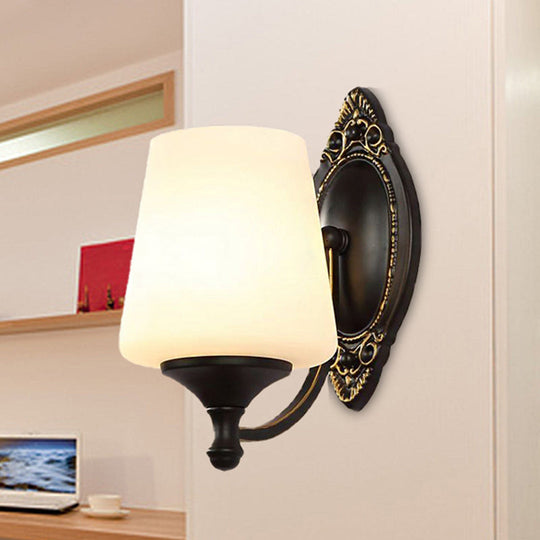 Retro Conical Sconce Wall Light 1/2-Light White Glass Fixture With Black Metal Curved Arm