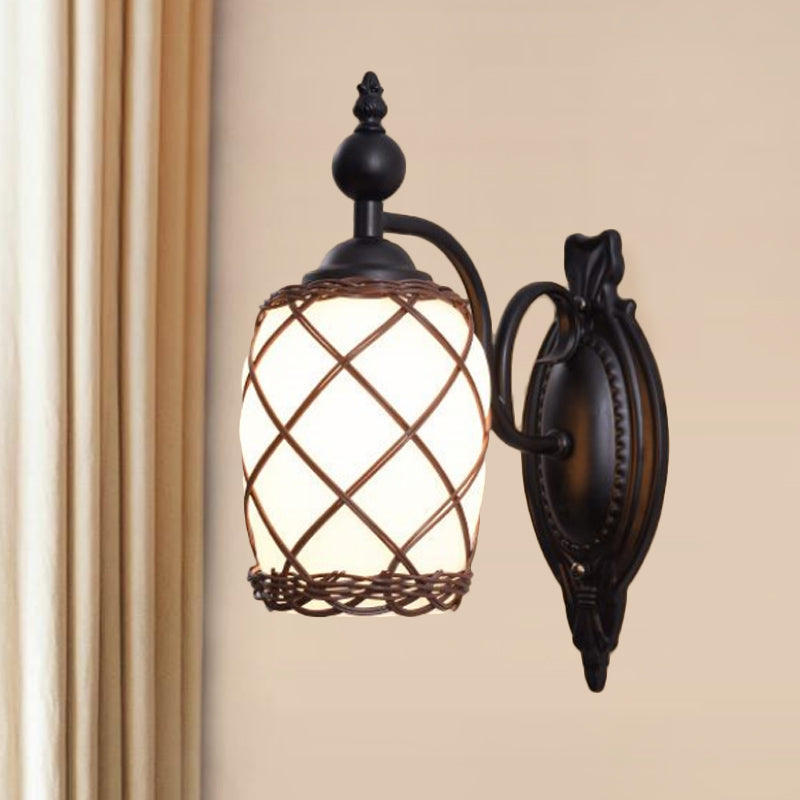 Traditional Cylinder Glass Wall Light Fixture With Bamboo-Woven Shade - Black