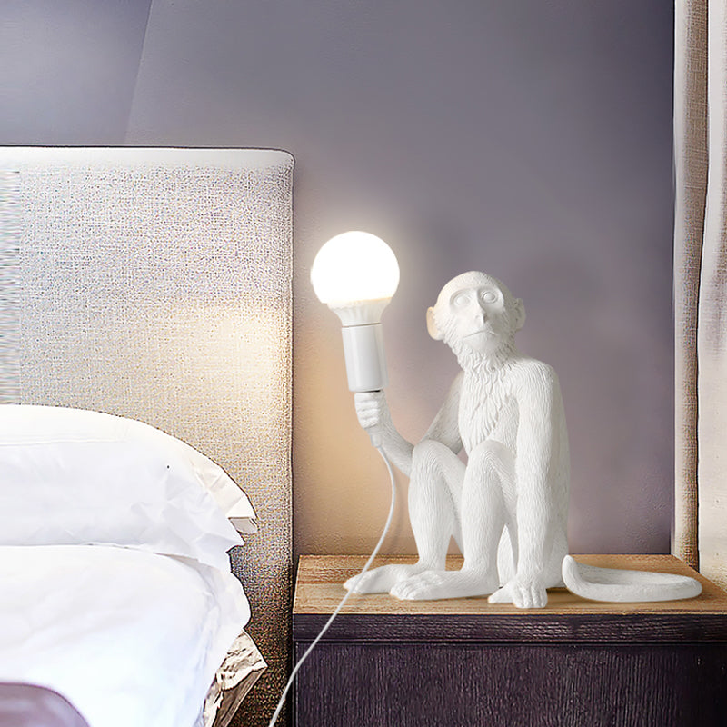 Art Deco 1-Head White Monkey Table Lamp - Stylish Resin Nightstand Light With Unique Shadeless