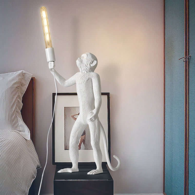 Art Deco 1-Head White Monkey Table Lamp - Stylish Resin Nightstand Light With Unique Shadeless