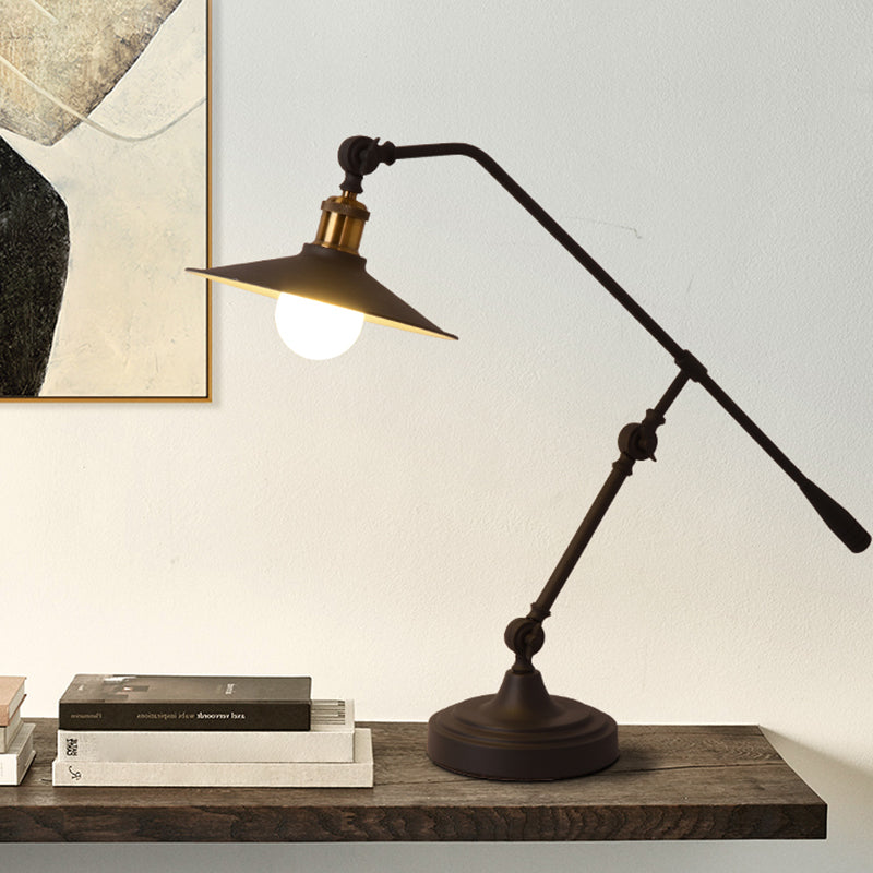 Industrial Matte Black Metal Table Lamp With Balance Arm - Single Wide Flared Reading Light