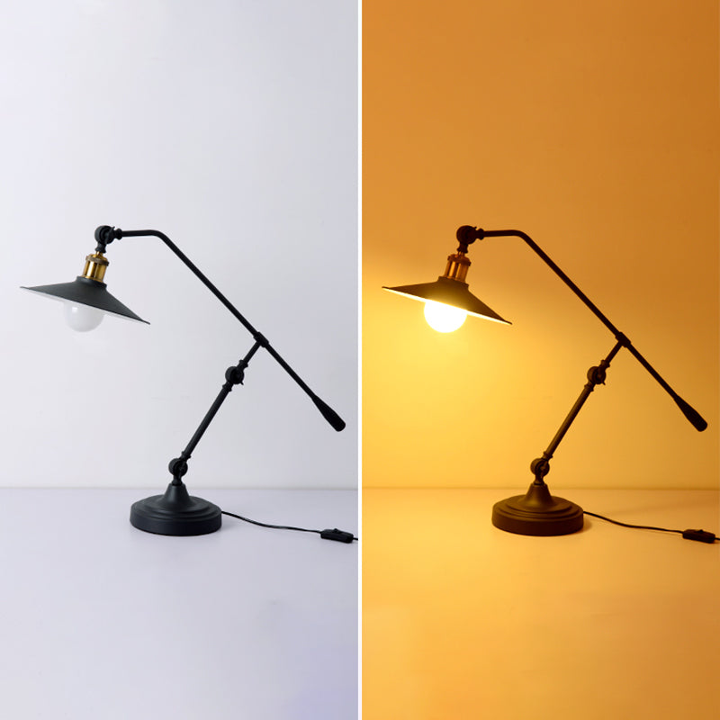 Industrial Matte Black Metal Table Lamp With Balance Arm - Single Wide Flared Reading Light