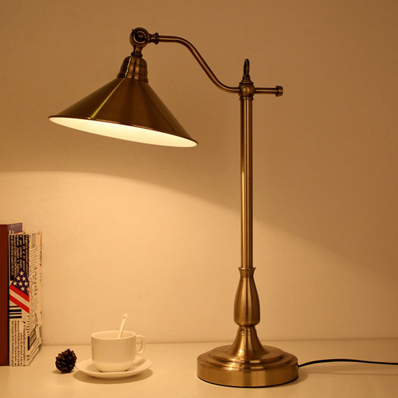 Antique-Style Bronze Conical Table Lamp With Rotary Joint: Metal Bedside Night Light