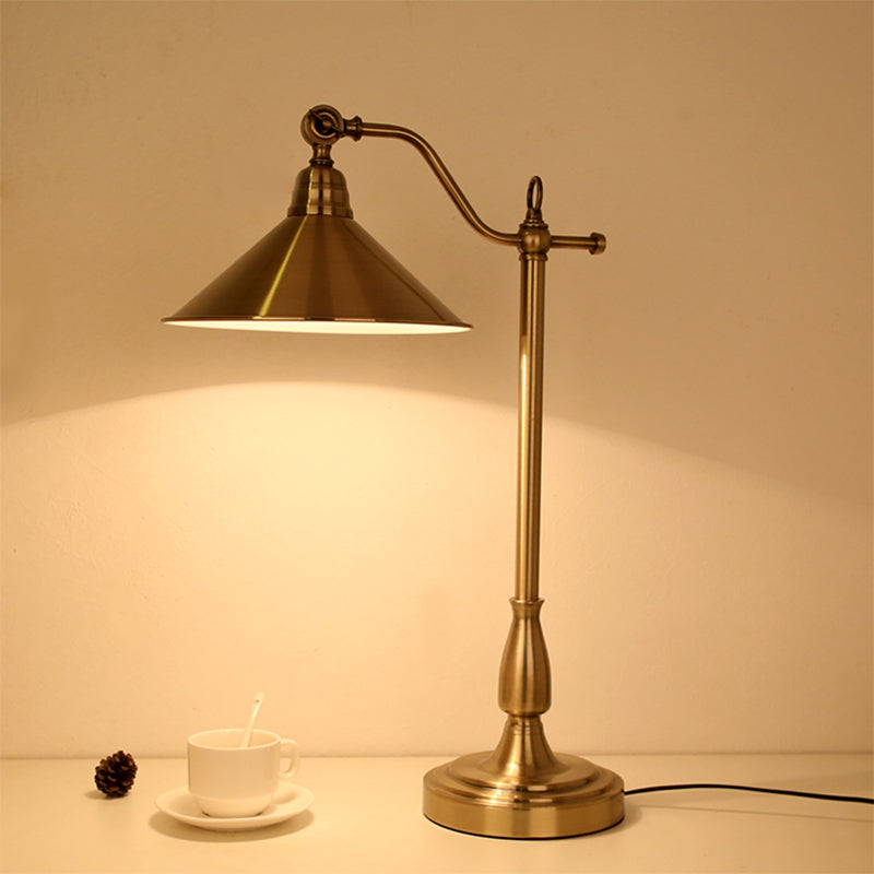 Antique-Style Bronze Conical Table Lamp With Rotary Joint: Metal Bedside Night Light