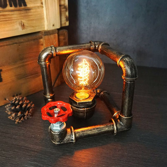 Iron Pipe Art Night Lamp - Industrial Table Light In Bronze For Boys Room / Square