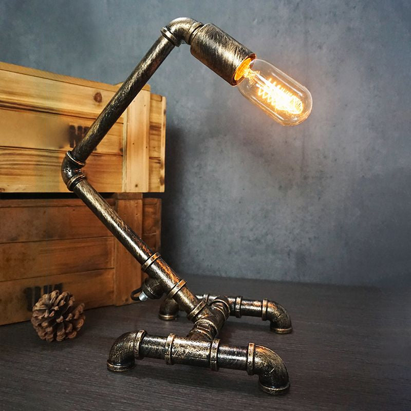 Iron Pipe Art Night Lamp - Industrial Table Light In Bronze For Boys Room / Curved