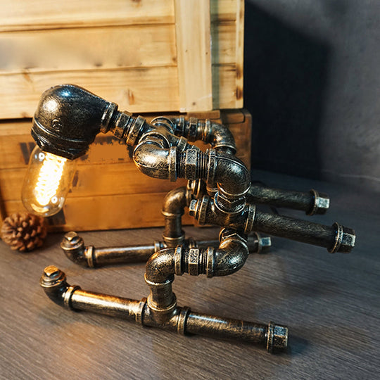 Iron Pipe Art Night Lamp - Industrial Table Light In Bronze For Boys Room