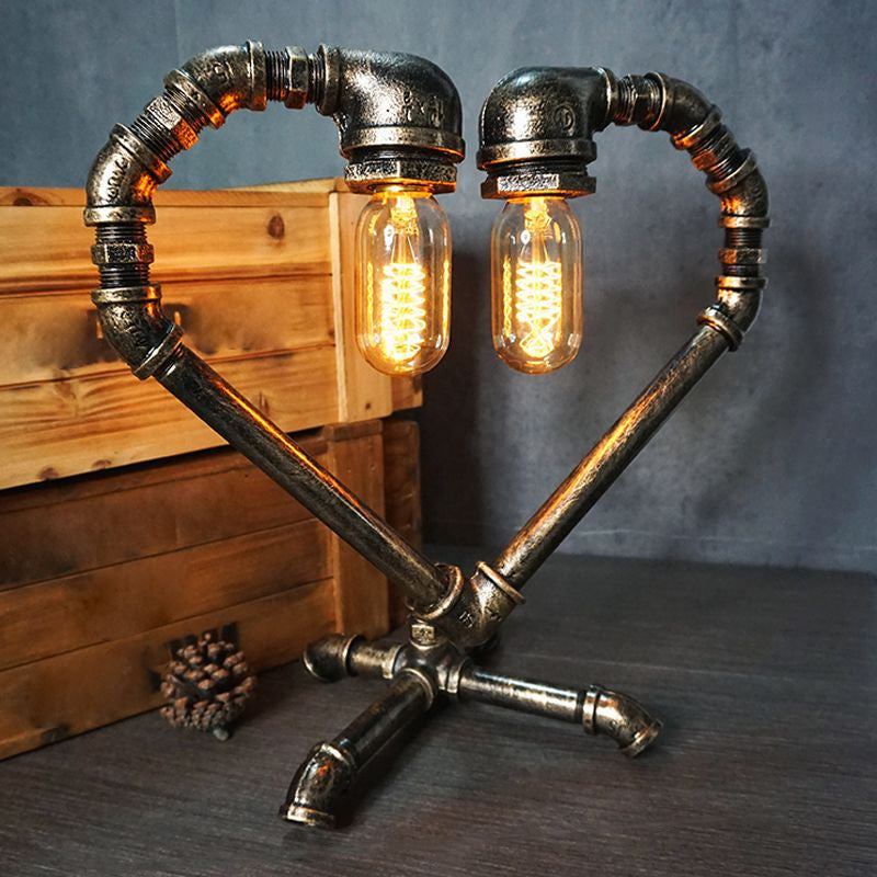 Iron Pipe Art Night Lamp - Industrial Table Light In Bronze For Boys Room / Loving Heart