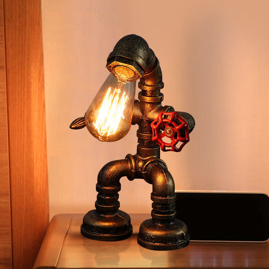 Industrial Pipe Style Night Light Table Lamp Wrought Iron Accent In Bronze