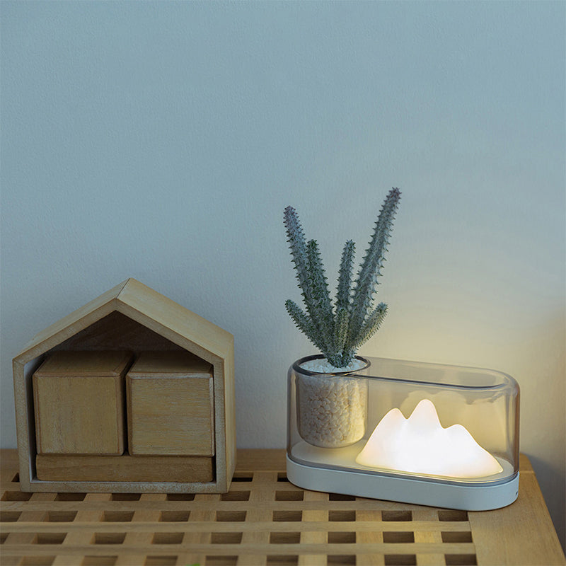 Rechargeable Led Table Lamp: Plastic Mountain Night Light With Artistic Oval Cover And Storage Cup