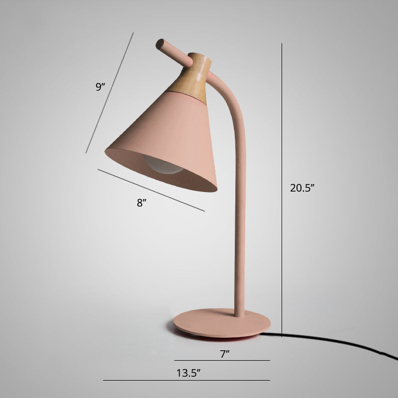 Metal Conical Table Lamp - Macaron Single-Bulb Nightstand Light With Bend Arm For Bedroom