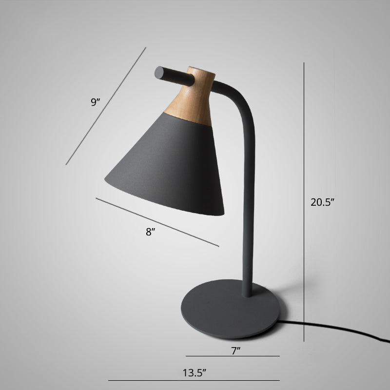 Metal Conical Table Lamp - Macaron Single-Bulb Nightstand Light With Bend Arm For Bedroom