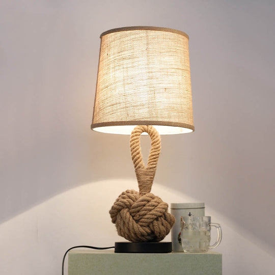 Rustic Flaxen Fabric Night Lamp With Twisted Rope Base - 1-Bulb Bucket Shade Table Light