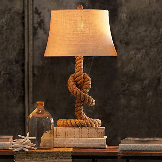 Country Style Fabric Empire Shade Table Lamp: 1-Light Night Light With Rope Pedestal In Flaxen