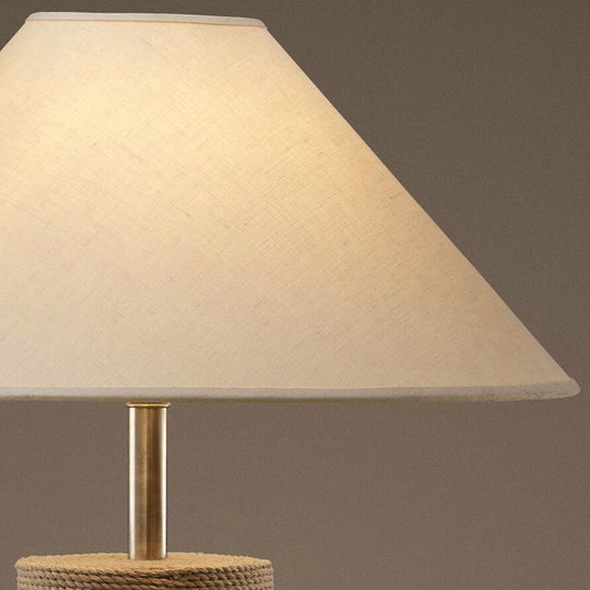 Country Style Fabric Empire Shade Table Lamp: 1-Light Night Light With Rope Pedestal In Flaxen