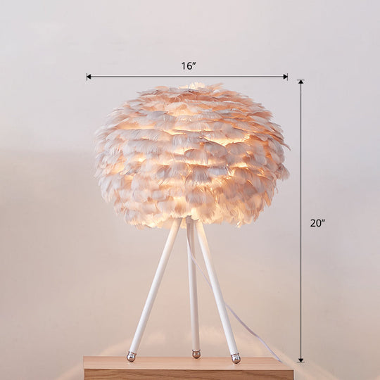 Nordic Style Feather Table Lamp - Spherical Accent Nightstand Light For Living Room