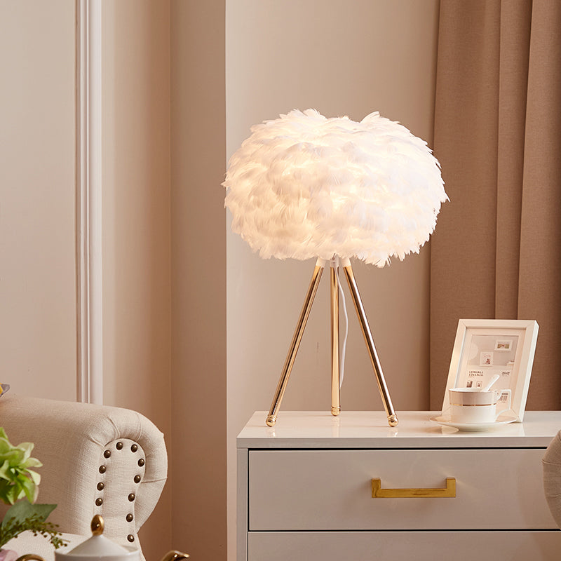 Nordic Goose Feather Sphere Table Lamp With Tripod Stand - Stylish 1-Bulb Night Light