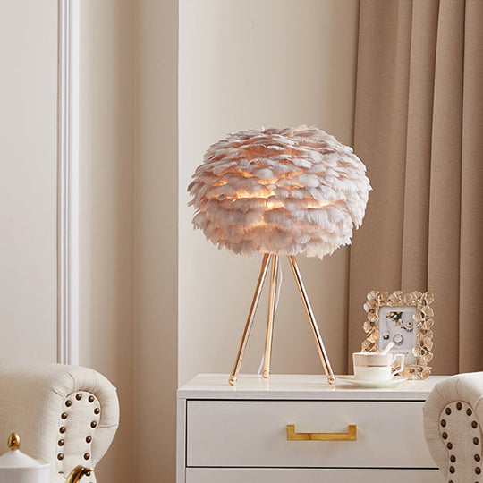 Nordic Goose Feather Sphere Table Lamp With Tripod Stand - Stylish 1-Bulb Night Light