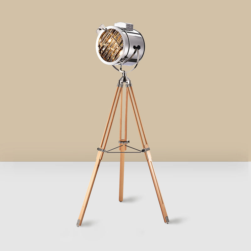 Tripod Spotlight Floor Lamp - Stainless Steel Standing Light Industrial Design Wood