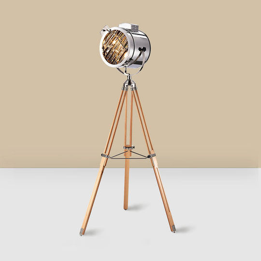 Tripod Spotlight Floor Lamp - Stainless Steel Standing Light Industrial Design Wood