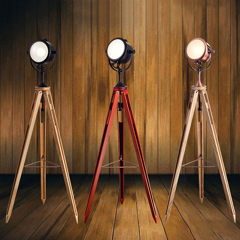 Metal Round Spotlight Floor Lamp With Wooden Tripod - Industrial Style 1 Head For Living Room