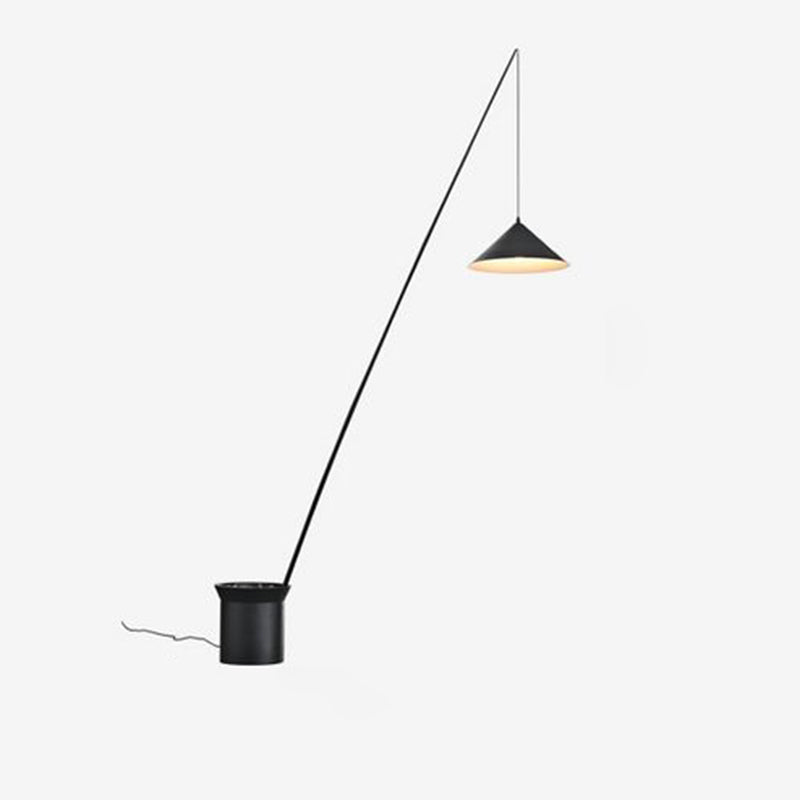 Minimalistic Black Metal Floor Lamp With Dangling Cone Shade & Rock Bucket Base