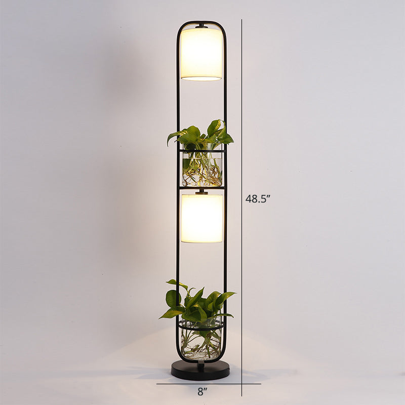 Modern 2-Headed Cylindrical Fabric Floor Lamp With Glass Plant Jar