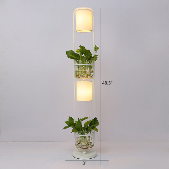 Modern 2-Headed Cylindrical Fabric Floor Lamp With Glass Plant Jar