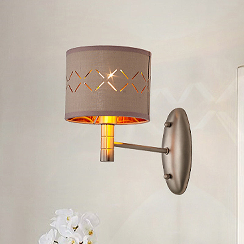 Traditional Metal Cylindrical Wall Lamp With Fabric Shade - Bedroom Light Fixture Single Bulb Coffee