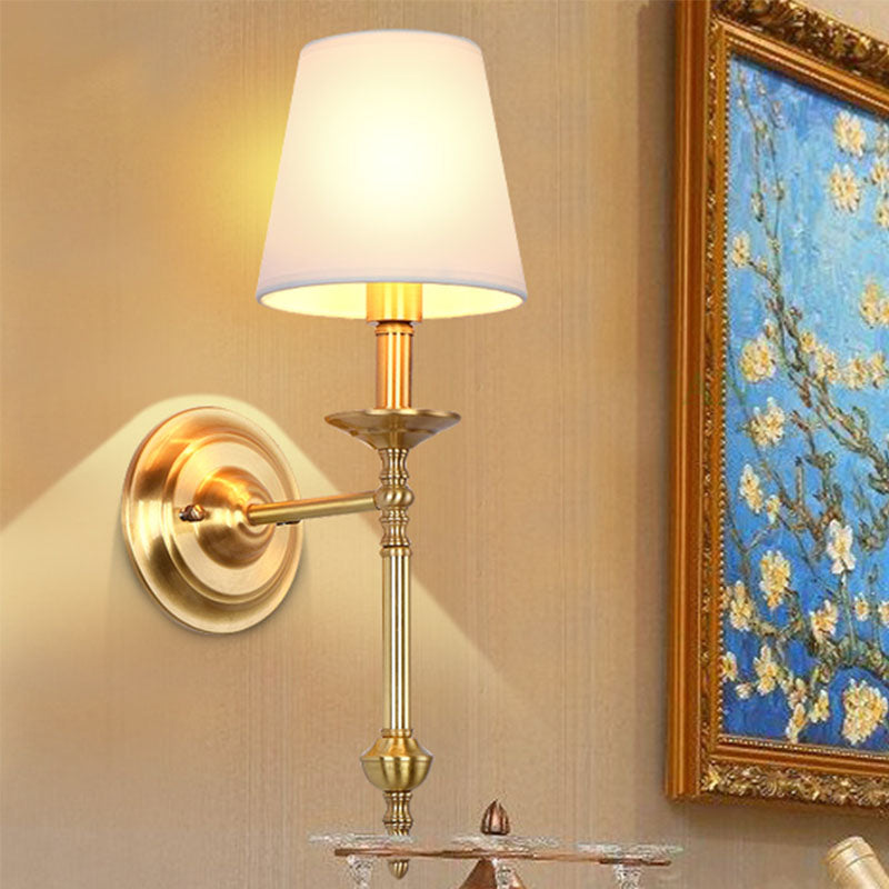 Retro Brass Cone Wall Sconce With White Fabric Shade - Ideal For Dining Room Lighting