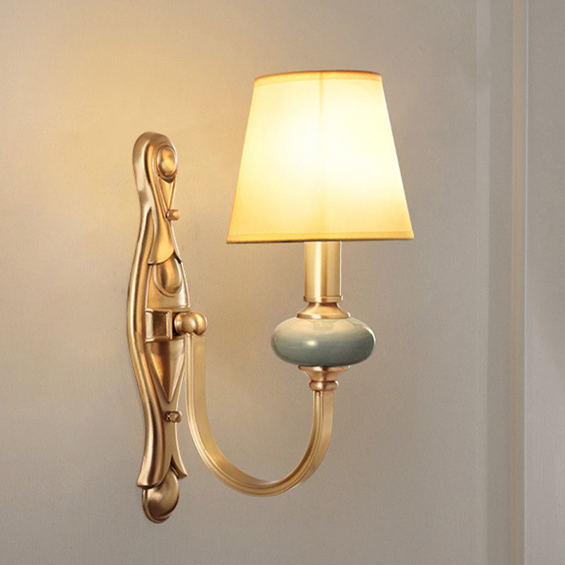 Vintage Fabric Brass Wall Sconce With Tapered Shade - 1 Light Mount Fixture For Living Room