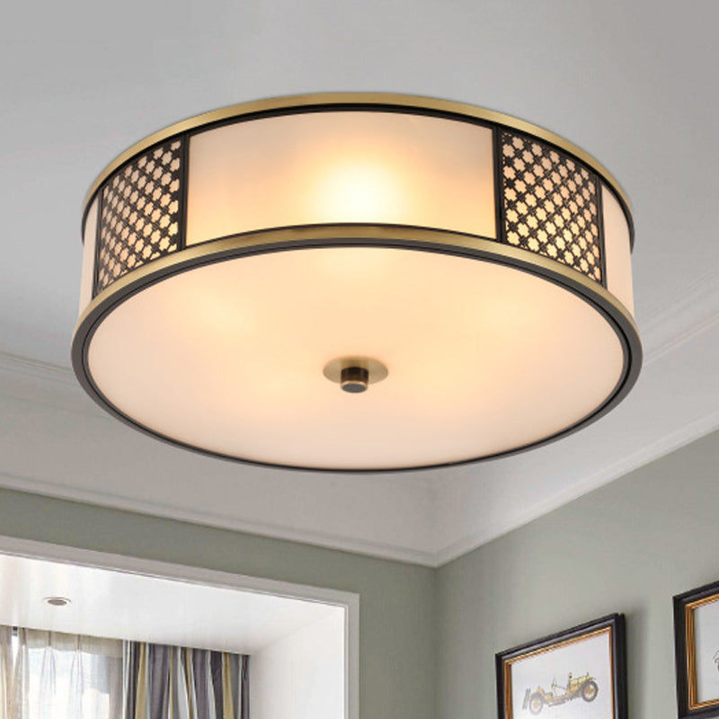 Traditional Brass Drum Flush Mount Ceiling Lamp, 5 Light White Glass, 16"/19.5" Width - Ideal for Living Room Lighting