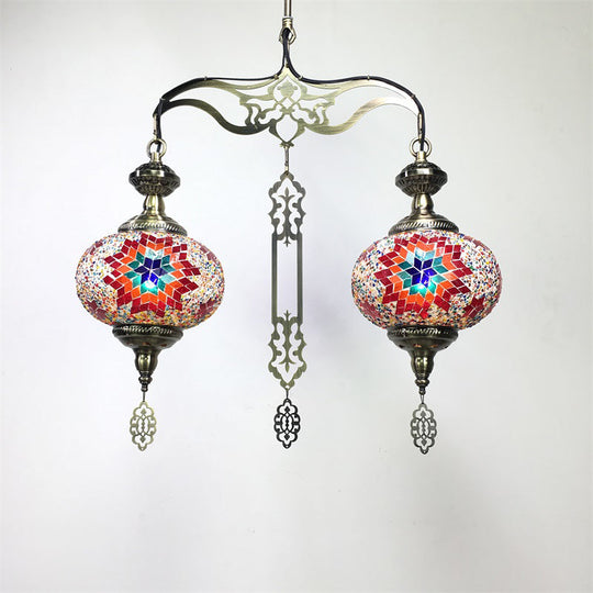 Traditional 2-Head Red/Blue Glass Chandelier Pendant Light For Hallway - Global Red