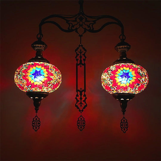 Traditional 2-Head Red/Blue Glass Chandelier Pendant Light For Hallway - Global