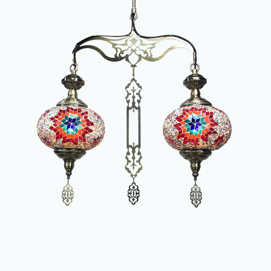 Traditional 2-Head Red/Blue Glass Chandelier Pendant Light For Hallway - Global